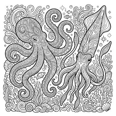Unleash your creativity with this stunning adult coloring page featuring an intricately patterned octopus and squid. Explore the depths of the ocean and find tranquility as you bring these mesmerizing marine creatures to life.