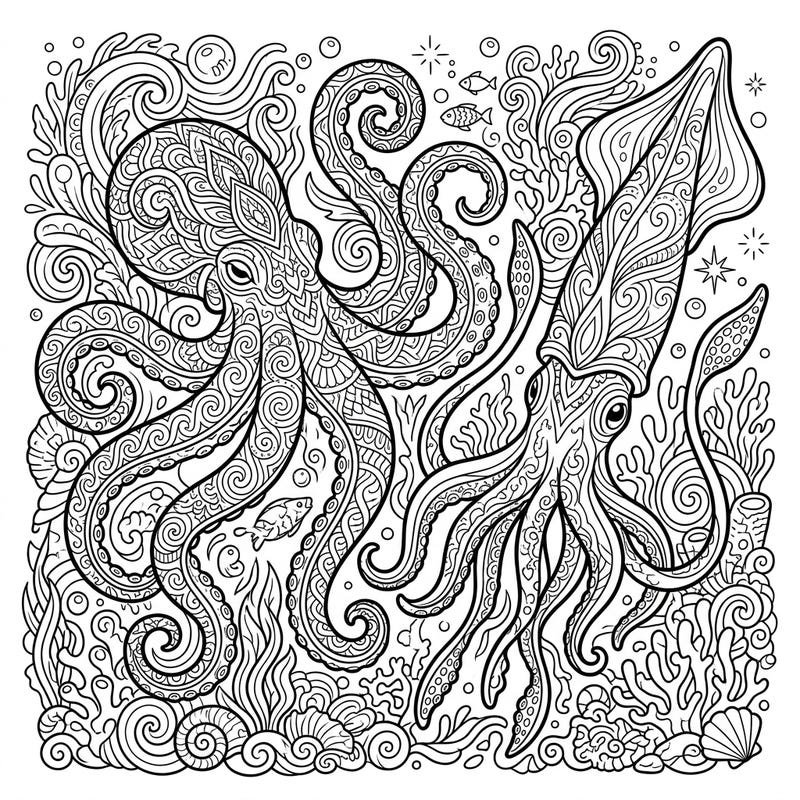 Unleash your creativity with this stunning adult coloring page featuring an intricately patterned octopus and squid. Explore the depths of the ocean and find tranquility as you bring these mesmerizing marine creatures to life.