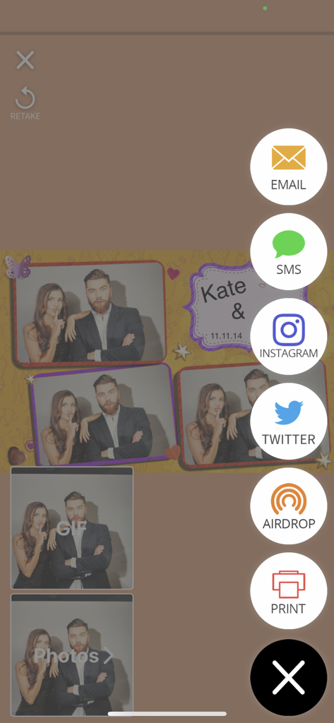 LumaBooth Event Photo Booth - LumaBooth app screen with sharing and printing icons for photos