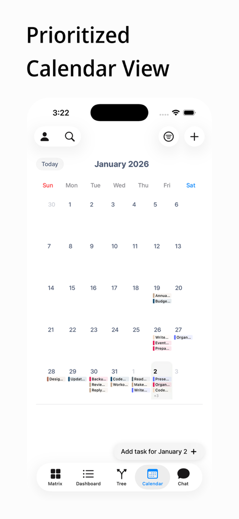 Todo & Task: Eisenhower Matrix - Una vista de calendario priorizada dentro de la aplicación de gestión de tareas Matriz de Eisenhower que muestra tareas diarias codificadas por colores