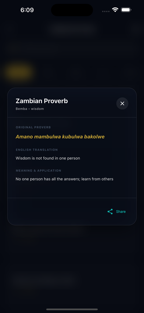 ZedTranslate - Screenshot of ZedTranslate app showing a Zambian proverb in Bemba with its English translation and meaning