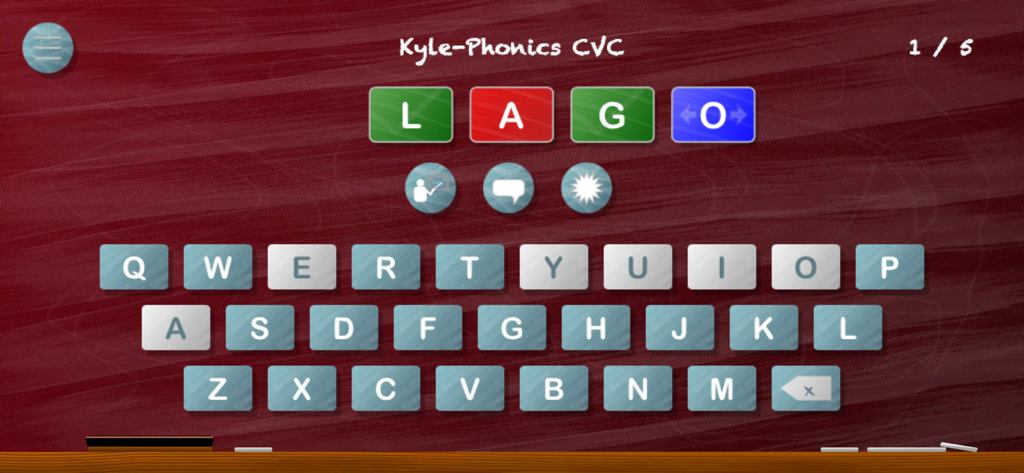 Simplex Spelling Phonics CVC - Interface do aplicativo Simplex Spelling Phonics CVC mostrando um exercício de ortografia com blocos de letras e um teclado virtual