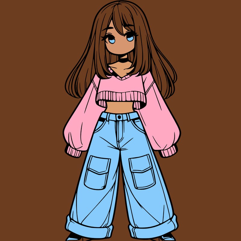 cute girl with straight hair in baggy jeans and a crop top and a sweater