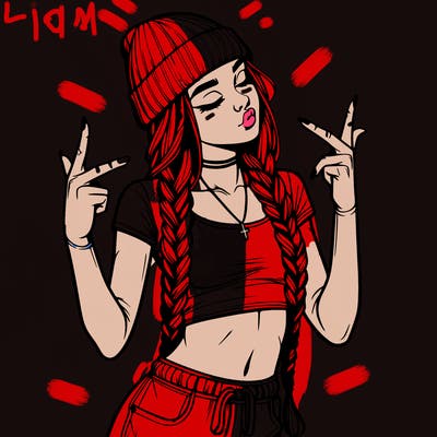 realistic teenage girl with braids and a beanie and crop top doing 🫶🏼