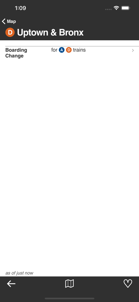 Underway: NYC Subway Transit - Underway NYC Subway app screen showing service status for D trains heading to Uptown and Bronx