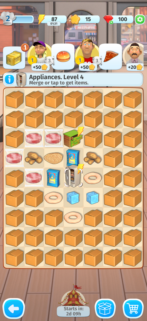 Food Merge: Cook & Design - Um tabuleiro de quebra-cabeça de combinação com ingredientes de comida e pedidos de clientes no jogo móvel Food Merge.