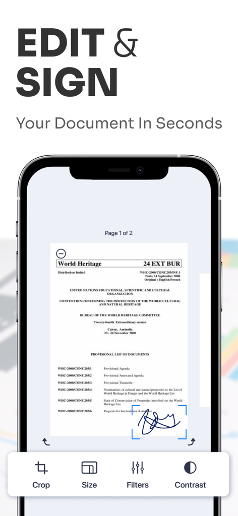 PDF Scanner, Editor, Converter - Smartphone screen showing document editing and digital signature features in a PDF scanner app