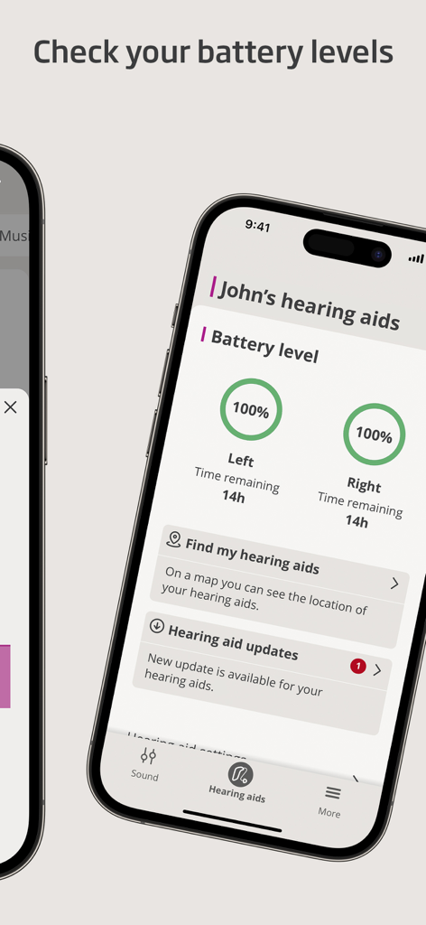 Smartphone screen showing the battery level status for left and right hearing aids in the Oticon Companion app