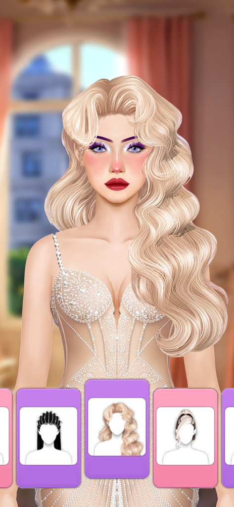 Makeover Artist: Makeup games - A glamorous blonde model with purple eyeshadow and red lips in a makeup game