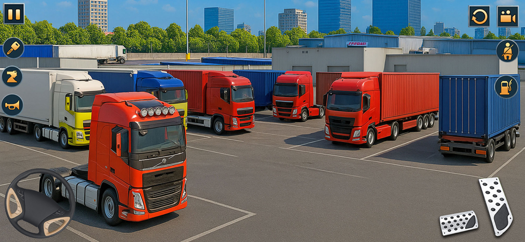 Una variedad de camiones semirremolque coloridos estacionados en un patio de logística con controles de interfaz de usuario de juegos móviles