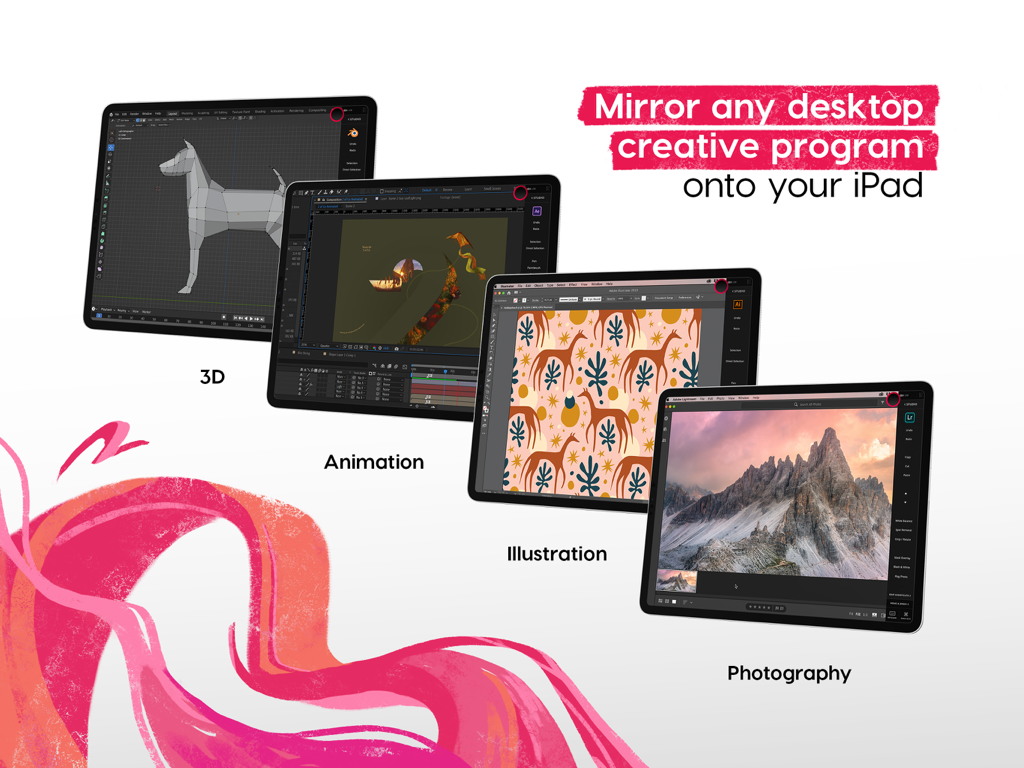 Astropad Studio mirroring desktop creative software like 3D animation and illustration onto an iPad