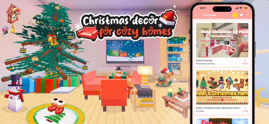 A cozy Minecraft room decorated for Christmas with festive furniture and the mod app interface