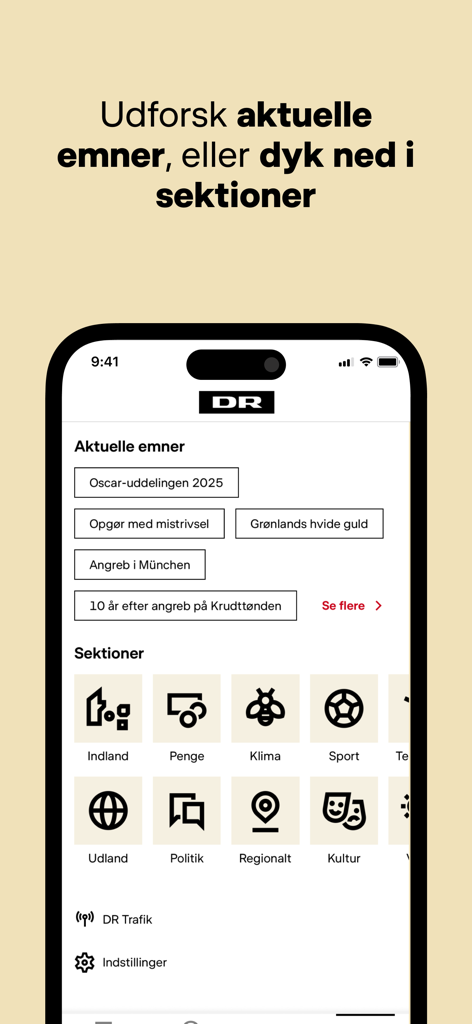 국내 뉴스, 기후, 스포츠, 정치와 같은 아이콘으로 현재 뉴스 주제와 카테고리를 보여주는 DR Nyheder 앱의 인터페이스