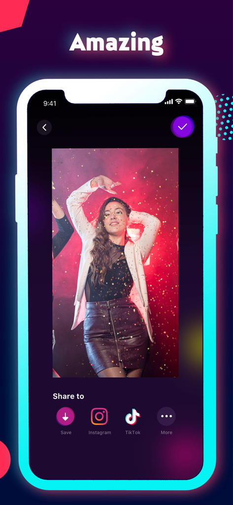 TikFamous - Vid & Music Effect - A mobile interface of TikFamous app showing a completed video with share options to TikTok and Instagram