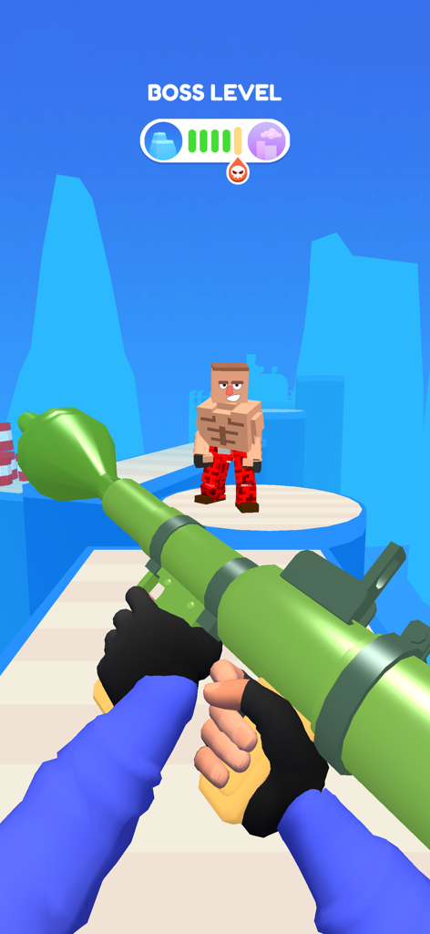 First person shooter gameplay in Block Craft Shooter 3D featuring a boss battle with a rocket launcher.