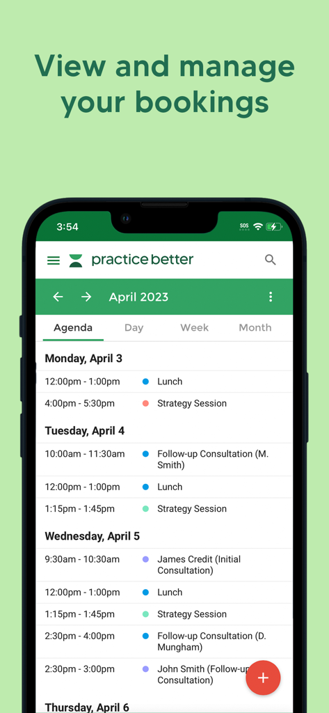Practice Better mobile app interface showing a practitioner agenda view with daily bookings and consultations.