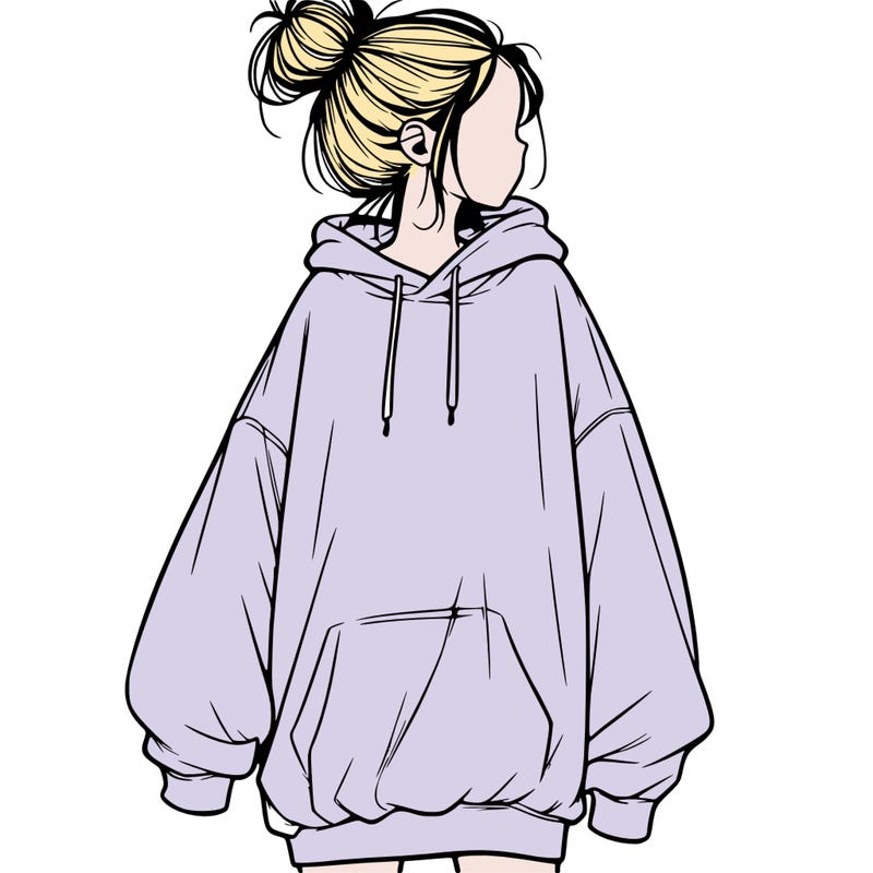 realistic girl with a oversized sweatshirt on and a bun