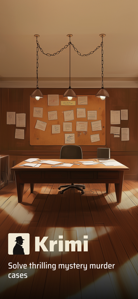 Krimi: Murder Mystery - A classic detective office featuring an investigation board and a wooden desk from the Krimi Murder Mystery app.