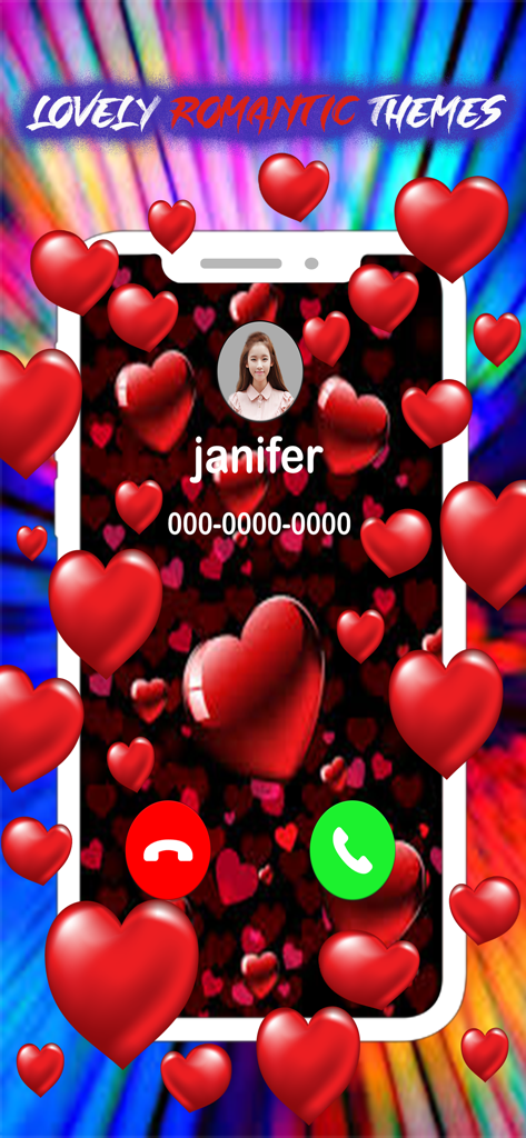 A romantic call screen theme featuring multiple red hearts and a colorful ray background for an incoming call