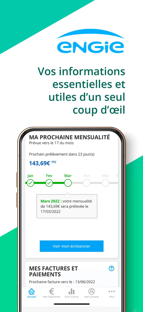 ENGIE Gaz Passerelle app home screen showing monthly gas payment and bill schedule