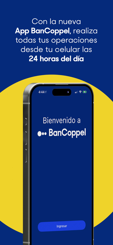 BanCoppel mobile app welcome screen on a smartphone displaying 24/7 banking availability in Spanish.
