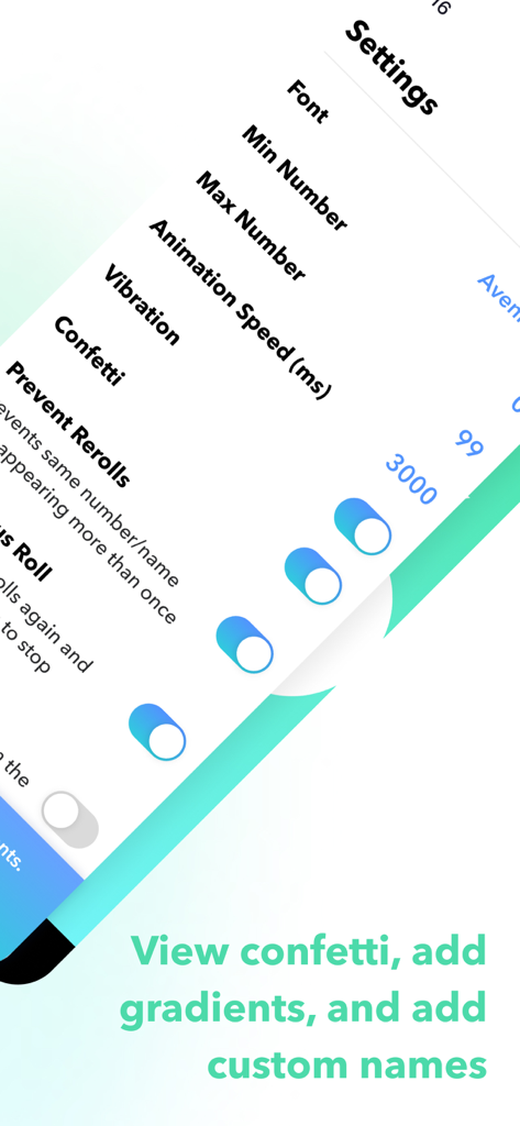 Pretty Random - RNG - Settings menu of the Pretty Random app showing customization options like confetti and animation speed
