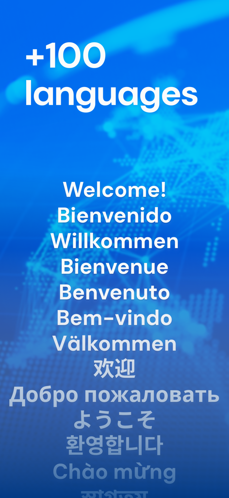 Minutes of Meeting AI Notebook - 青いグローバルネットワークの背景に、100以上の言語をサポートし、さまざまなスクリプトでの歓迎メッセージが表示されているディスプレイ
