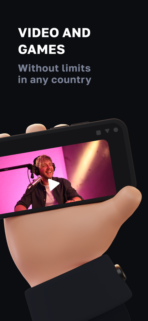 Buddy Onion: Tor Browser & VPN - Un smartphone mostrando contenido de video con texto que destaca el acceso a videos y juegos sin límites en cualquier país.