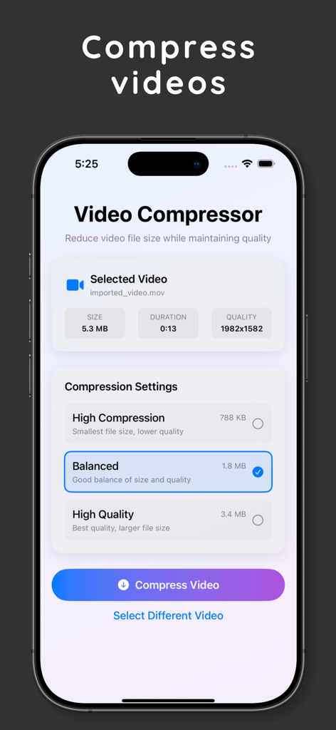 Video Compressor & Shrinker - Interfaz de la aplicación móvil para comprimir vídeos con ajustes de alta compresión equilibrada y alta calidad