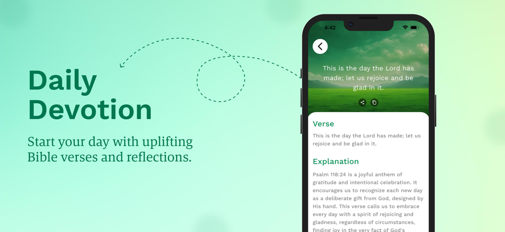 Bible - In the Name of Jesus - Smartphone screen showing a daily Bible verse and explanation in the Bible In the Name of Jesus app.