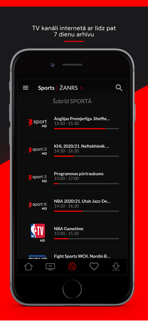 Go3 Latvija mobile app interface displaying a list of live sports channels including NBA and football
