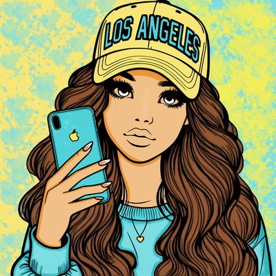 realistic beautiful girl wearing los ángeles cap holding an iphone