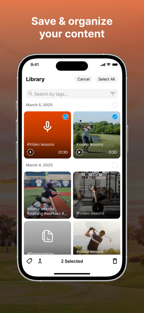 The CoachNow app library screen displaying organized sports coaching videos, voice notes, and presentations with search and tagging features.