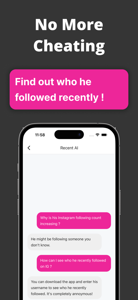 Recent Follow - Screenshot dell'app Follow recenti che mostra un'interfaccia di chat sul monitoraggio dei follower di Instagram per rilevare l'inganno.