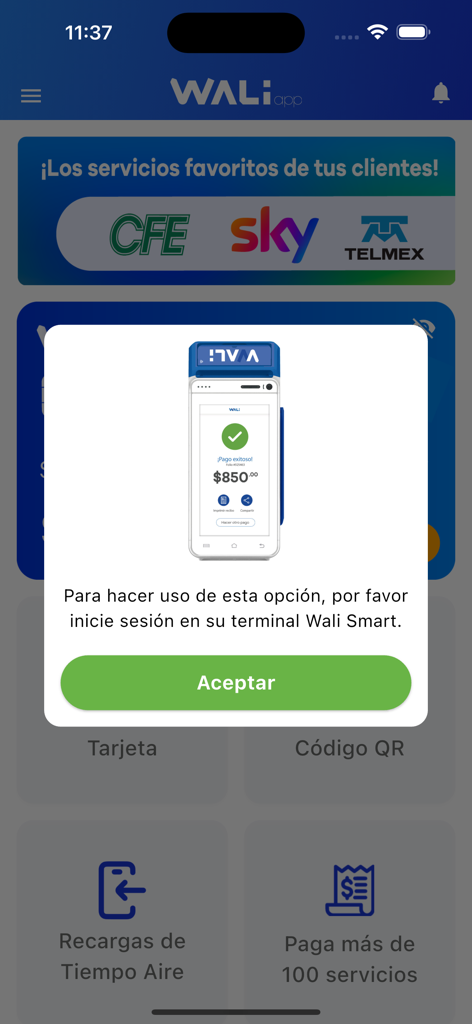 WALIApp - WALIApp mobile screen showing a login request for the Wali Smart payment terminal