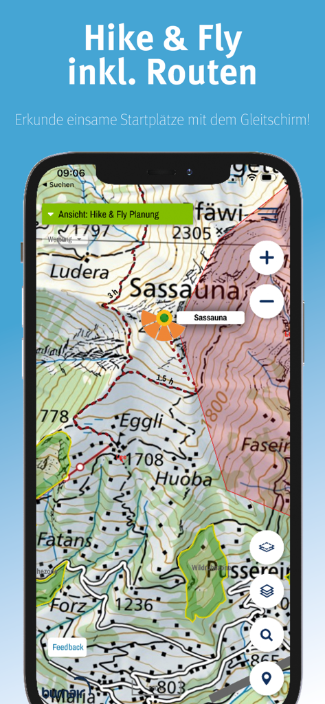burnair Map - A smartphone displaying the burnair Map app with topographical details and paragliding flight routes for Hike and Fly planning