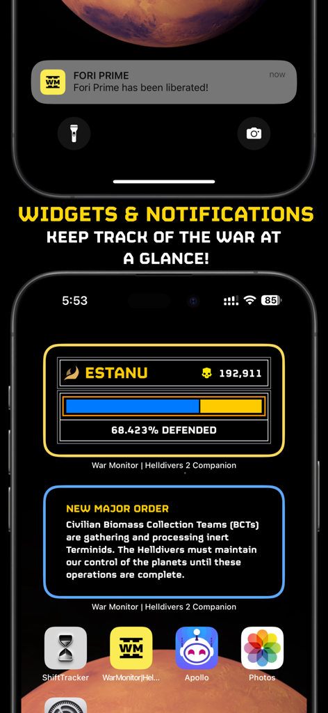 War Monitor for Helldivers 2 app widgets and notifications on an iPhone home screen