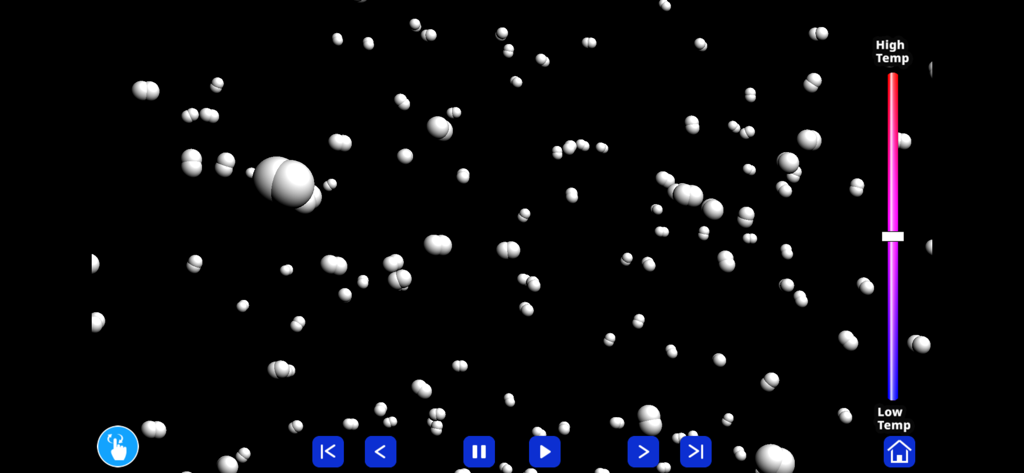If You Could See an Atom - Uma simulação científica de moléculas em movimento em um espaço escuro com uma barra de controle de temperatura à direita e botões de navegação na parte inferior.