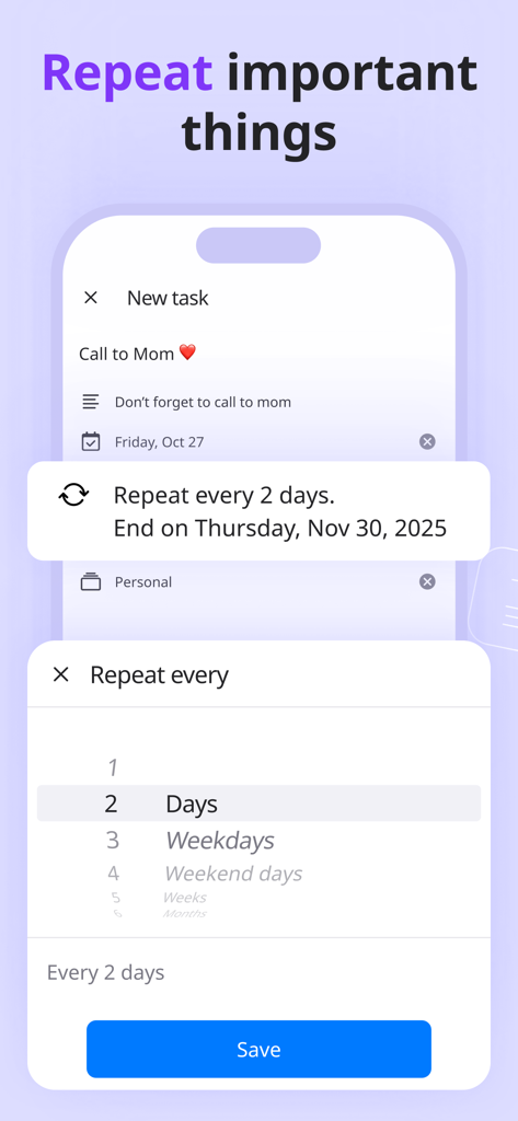 Listta: ToDo & Digital Planner - Listta mobile app screen showing options to set a repeating task for daily or weekly reminders.