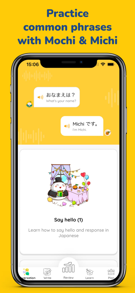 A mobile app interface showing Japanese conversation practice with cute mascots and English translations