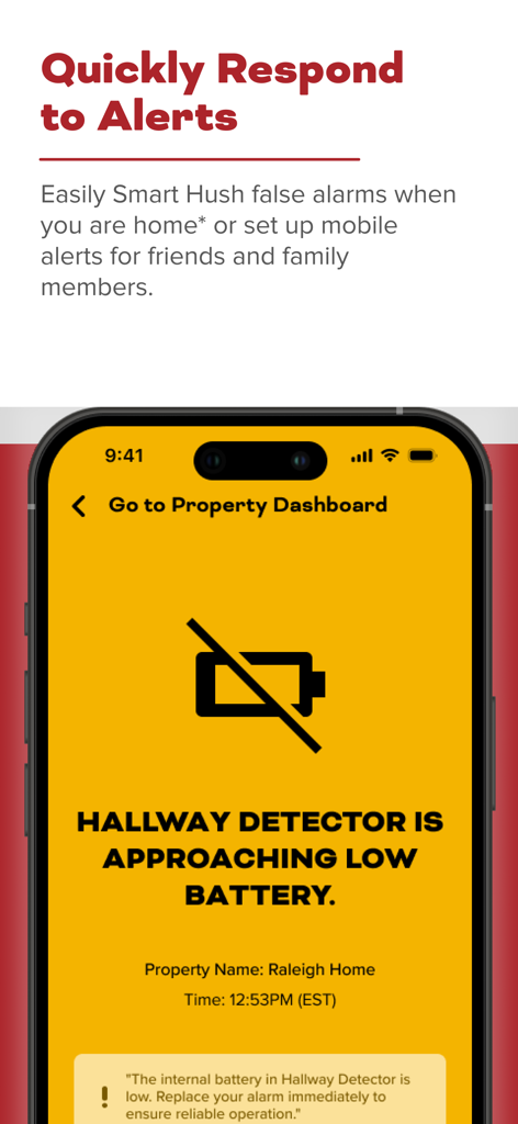 Kidde - Kidde app interface showing a low battery notification for a hallway safety detector.