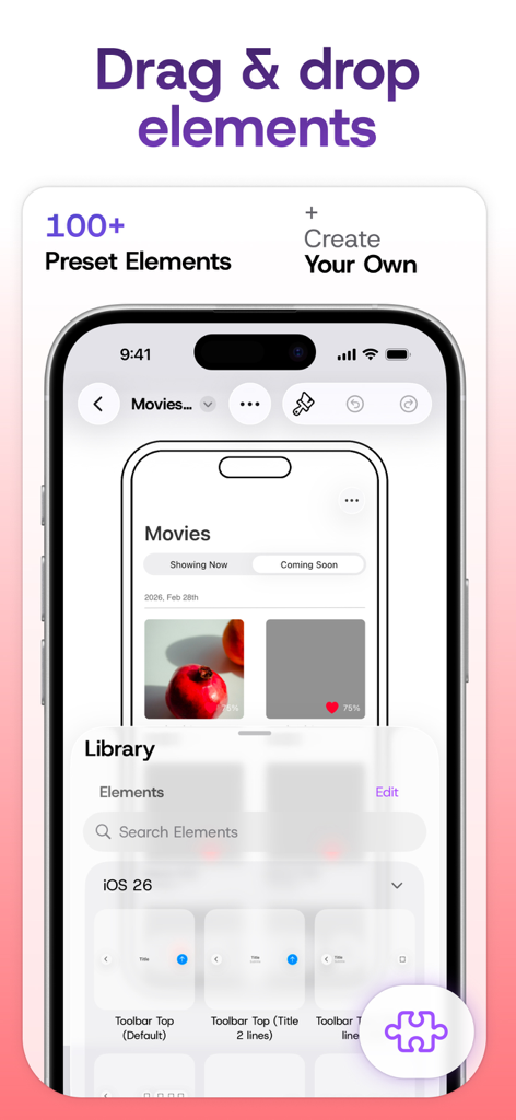 Interface of the Mockup app showing the library of preset UI elements for drag and drop design.
