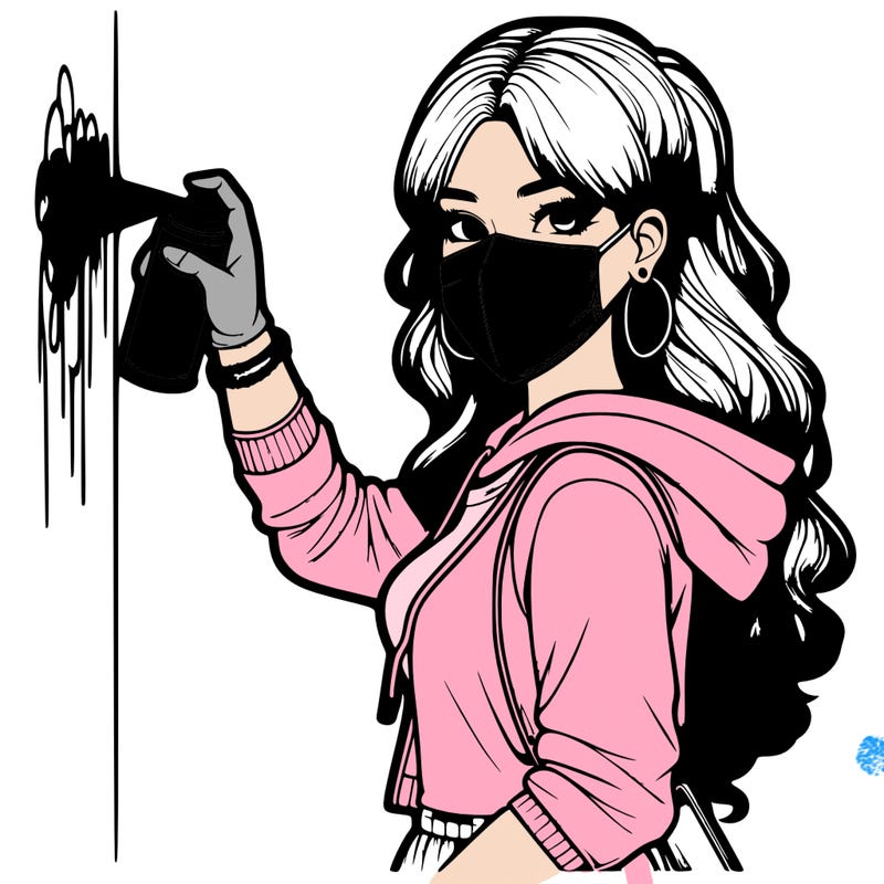 realistic girl with mask spray painting a wall