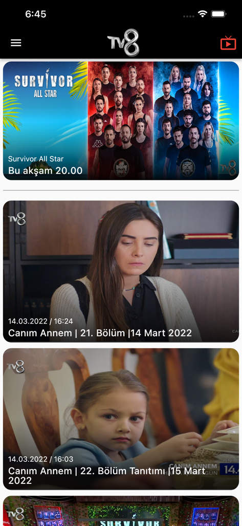 TV8 - Pantalla de inicio de la aplicación móvil TV8 con episodios de Survivor All Star y dramas turcos