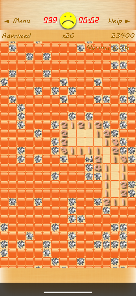 클래식 지뢰찾기 게임 화면, 고급 레벨, 주황색 타일 및 드러난 지뢰 표시