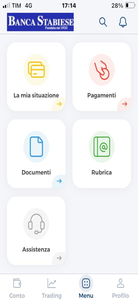 Banca Stabiese - Menübildschirm der Banca Stabiese Mobile-App mit Optionen für Kontostatus, Zahlungen und Kundensupport.