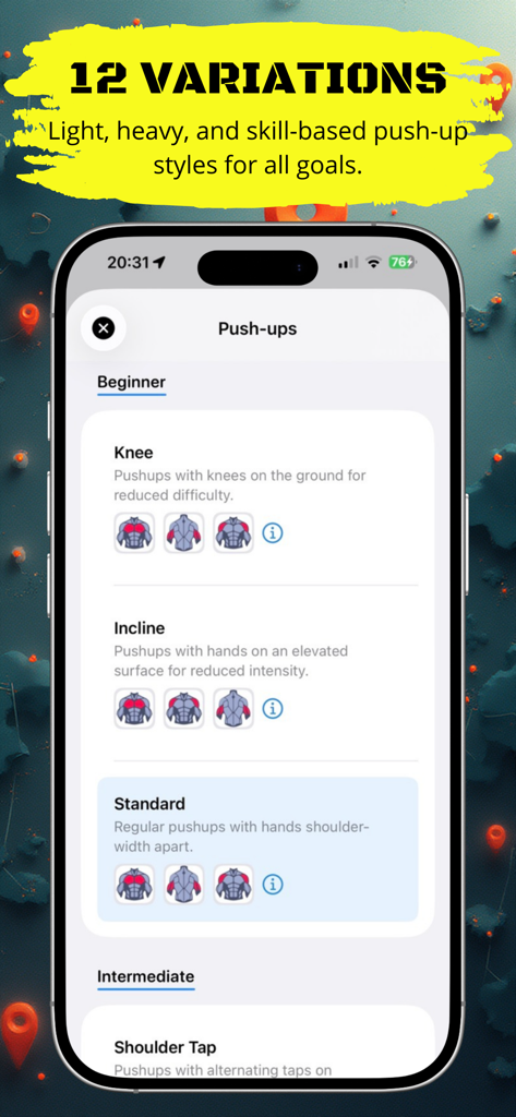 Pantalla de la aplicación Push Up Legends que muestra variaciones de flexiones, incluyendo inclinación de rodillas y ejercicios estándar con diagramas de grupos musculares