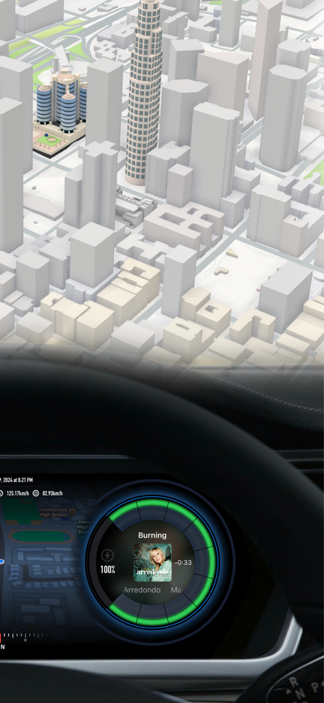 Speedometer GPS & Compass - Panel de coche mostrando una aplicación de navegación con un mapa 3D de la ciudad y visualización del velocímetro en tiempo real