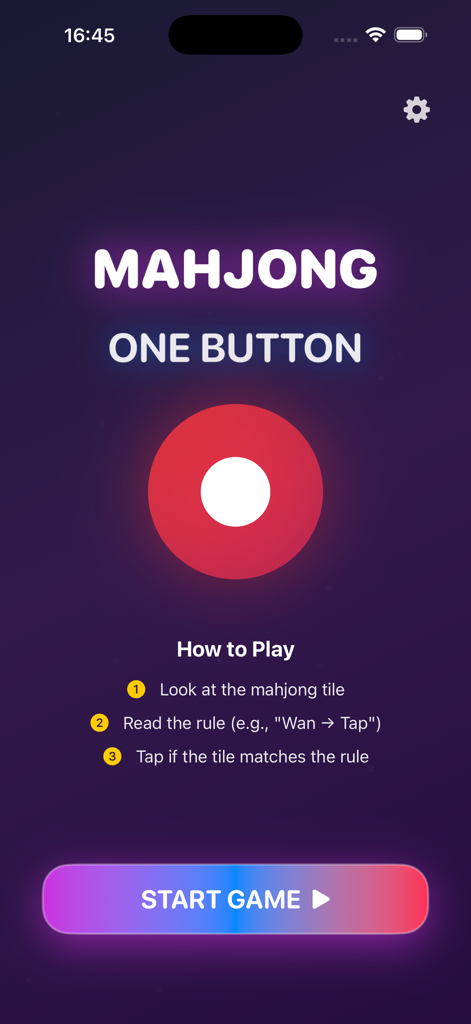 Mahjong One Button - Start screen of Mahjong One Button app showing game instructions and a start button