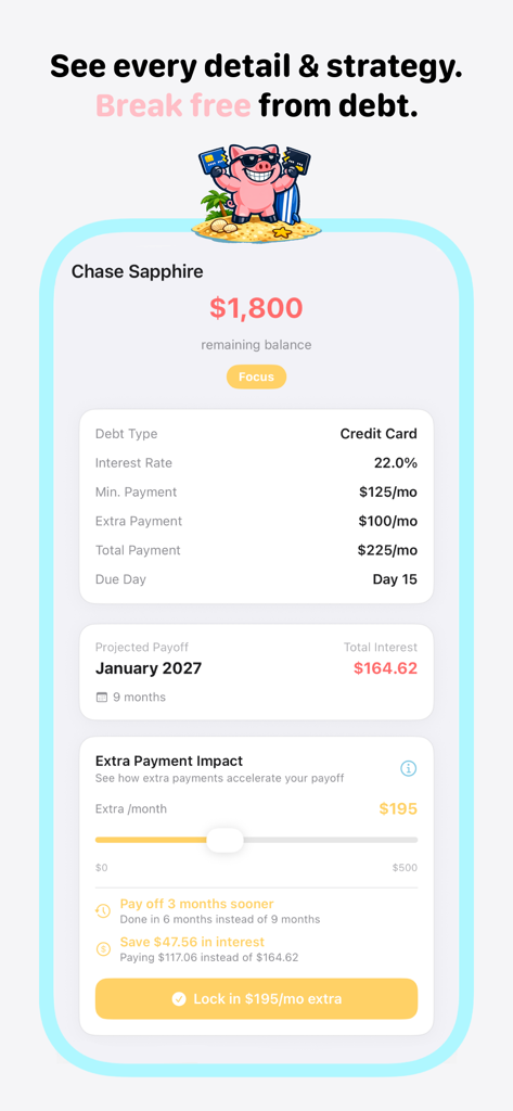 Flow: Simple Budget Tracker - Flow app screen showing a credit card debt payoff strategy with projected dates and interest savings.